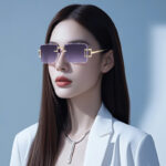 Gọng nhỏ cá tính, Gọng kim cương cắt không gọng, Kính râm Nữ phong cách sang trọng nhẹ nhàng cao cấp, Kính râm chống nắng xuyên biên giới