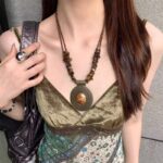 Vòng cổ mặt dây chuyền đĩa đính hạt ngọc lam công nghiệp nặng cổ điển, Dây Chuyền xương đòn chạm khắc phong cách dân tộc Bohemian Nữ, Dây chuyền cổ trang