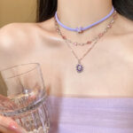 Dây chuyền da Bướm Đeo nhiều lớp Dây chuyền nữ dây chuyền xương đòn màu tím phong cách cao cấp ngọt ngào mát mẻ Phụ kiện dây chuyền vòng cổ chocker